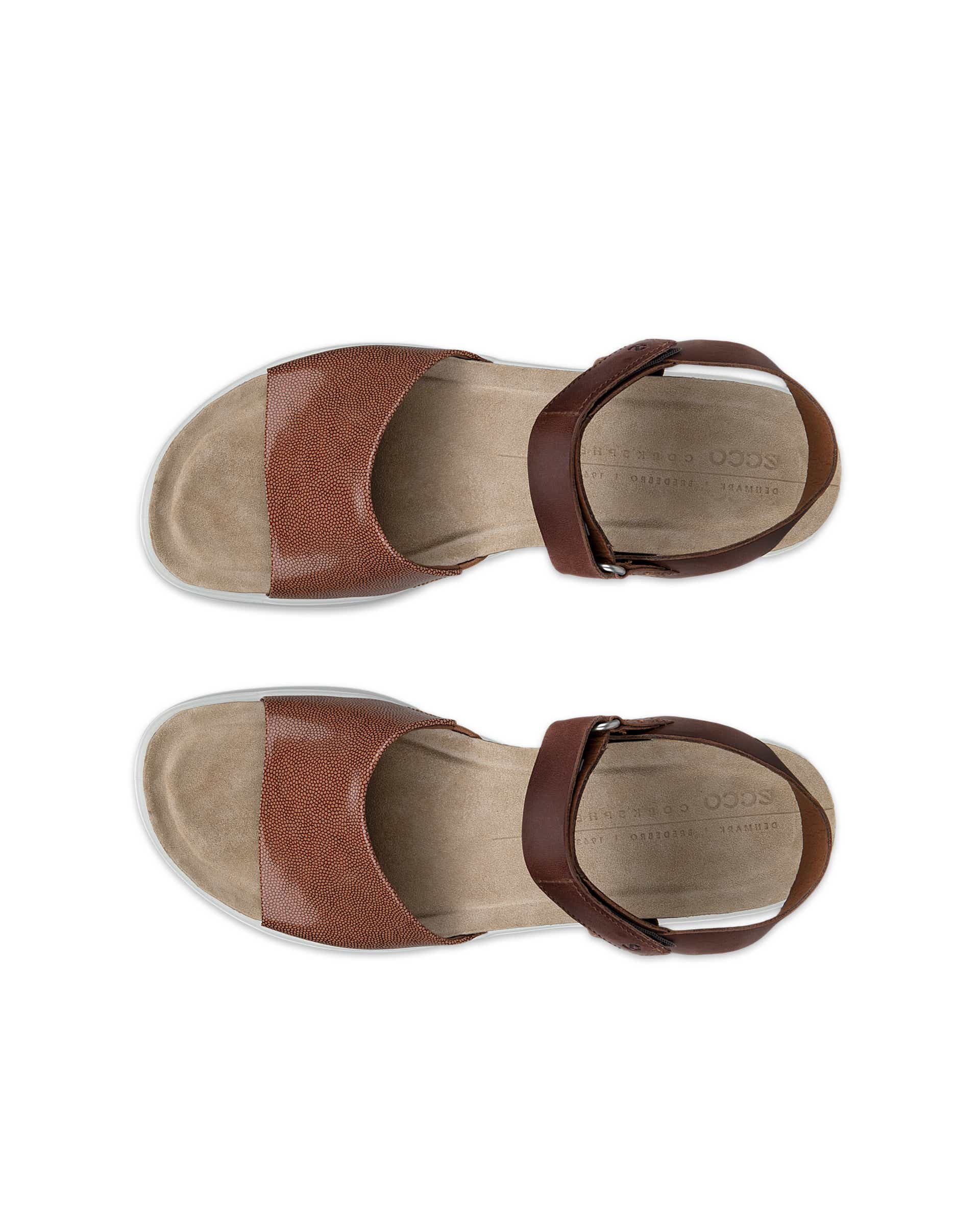 Women's ECCO® Flowt Wedge Leather Cork Heeled Sandal - Brown - Top left pair