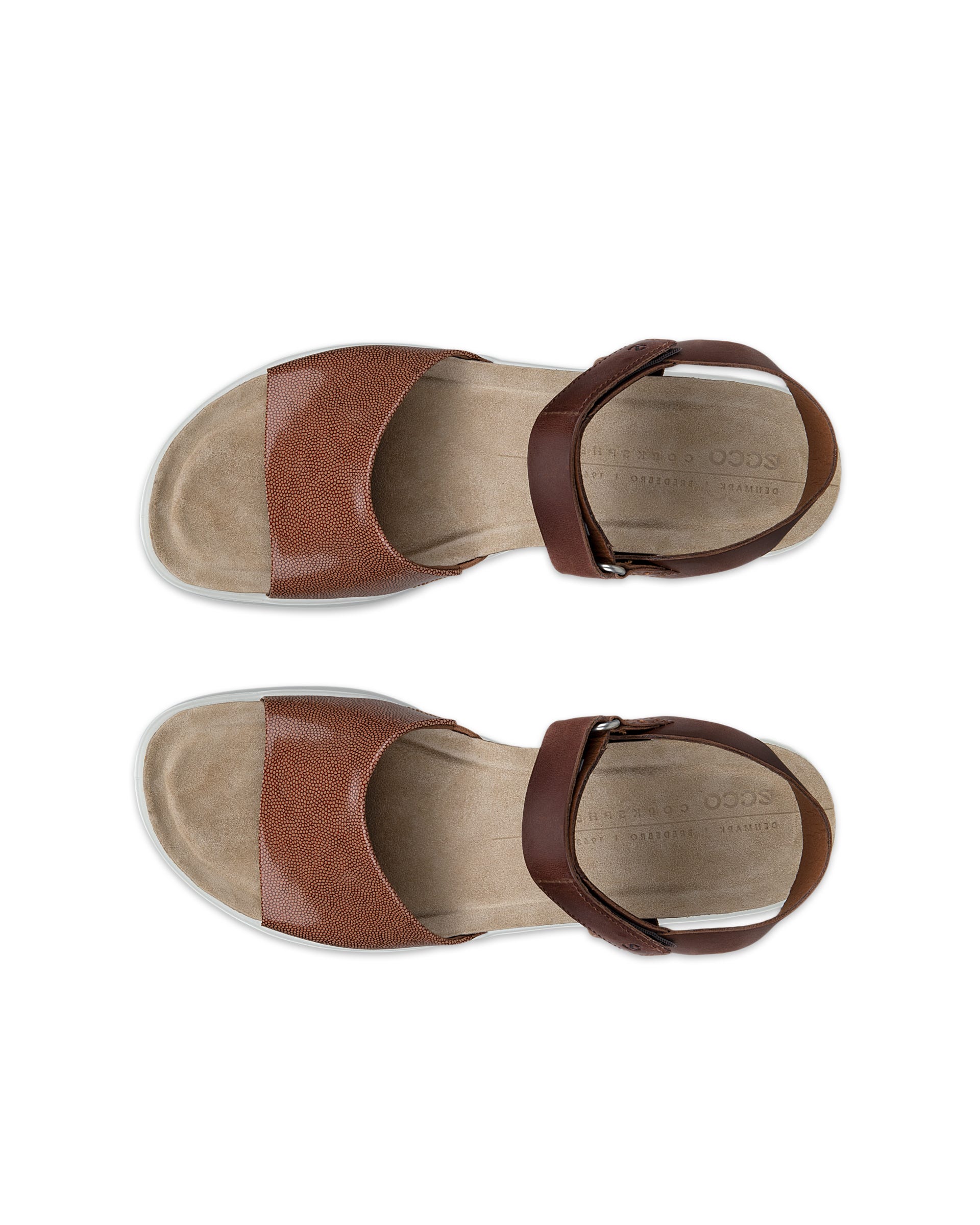 Women's ECCO® Flowt Wedge Leather Cork Heeled Sandal - Brown - Top left pair