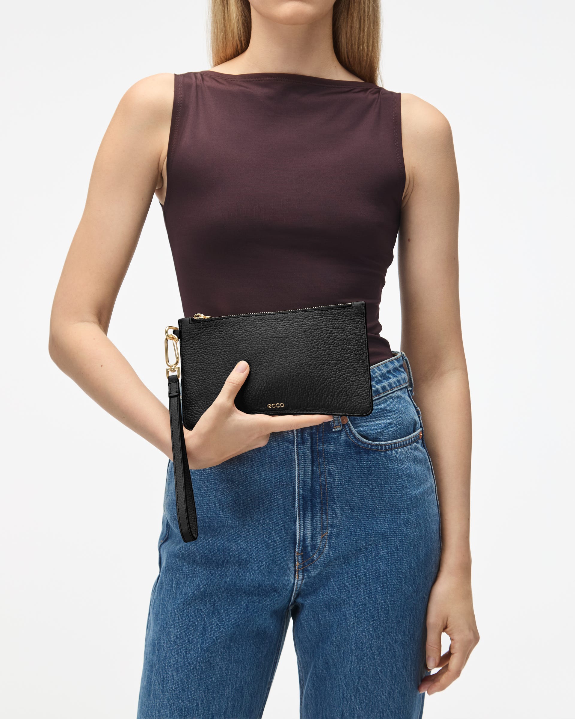 Women's ECCO® Wristlet Soft Pebbled Leather Pouch Bag - Black - Lifestyle image-1