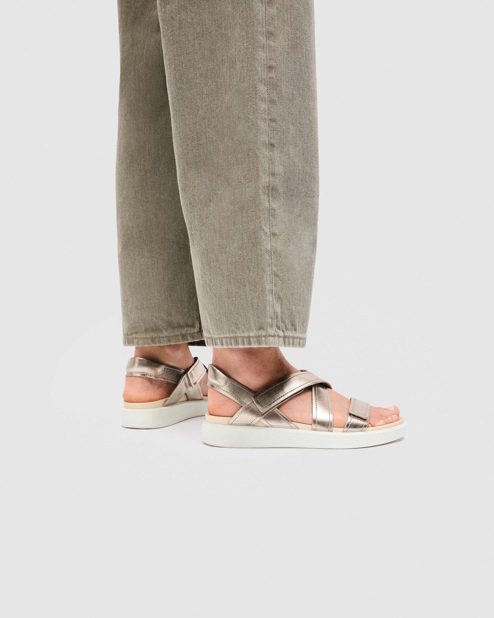 Women's ECCO® Soft Sandal Leather Two Strap Sandal - Gold - Lifestyle image-1