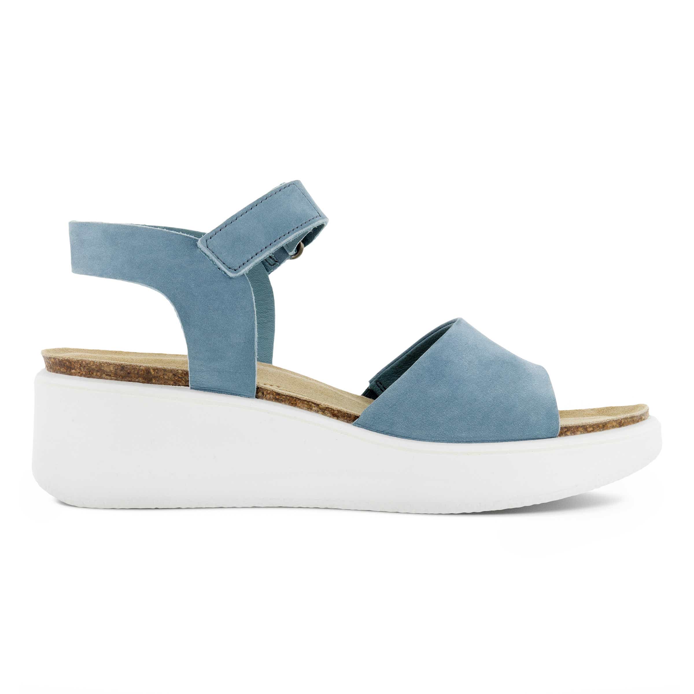 Women's ECCO® Flowt Wedge Leather Cork Heeled Sandal - Blue - Outside