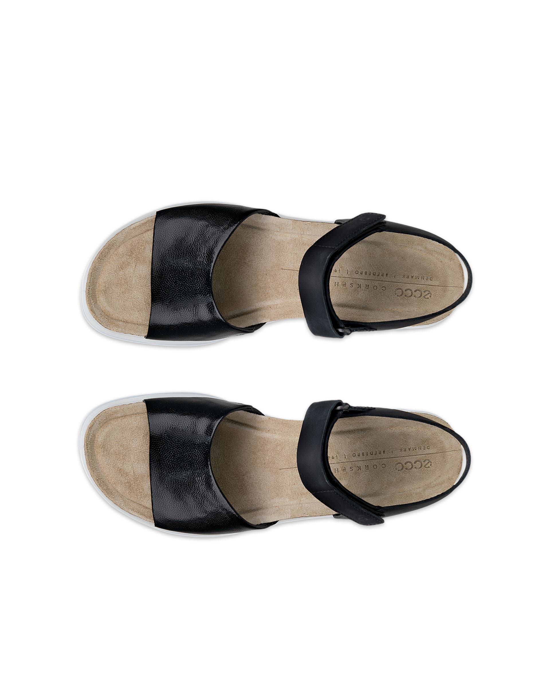 Women's ECCO® Flowt Wedge Leather Cork Heeled Sandal - Black - Top left pair