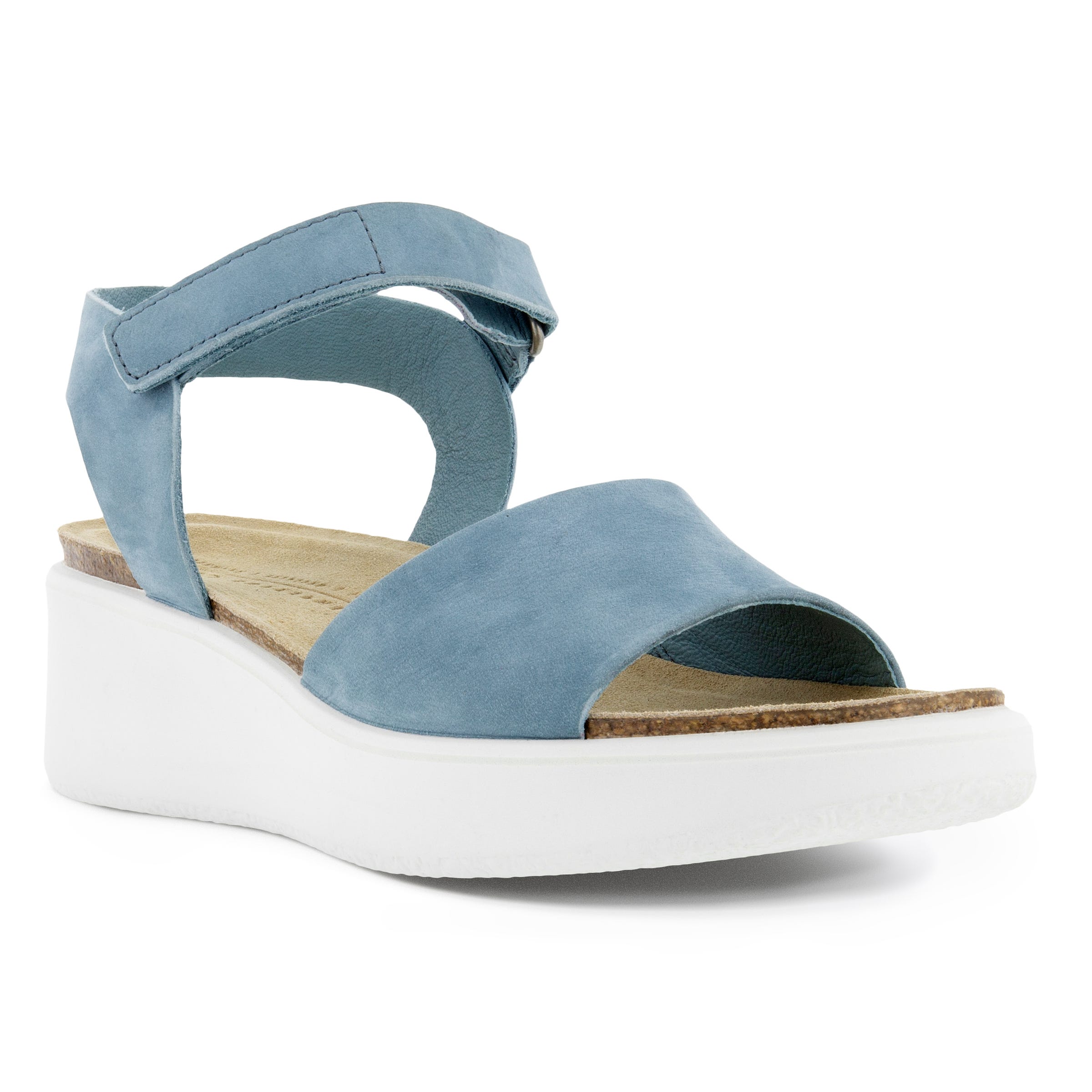 Women's ECCO® Flowt Wedge Leather Cork Heeled Sandal - Blue - Main