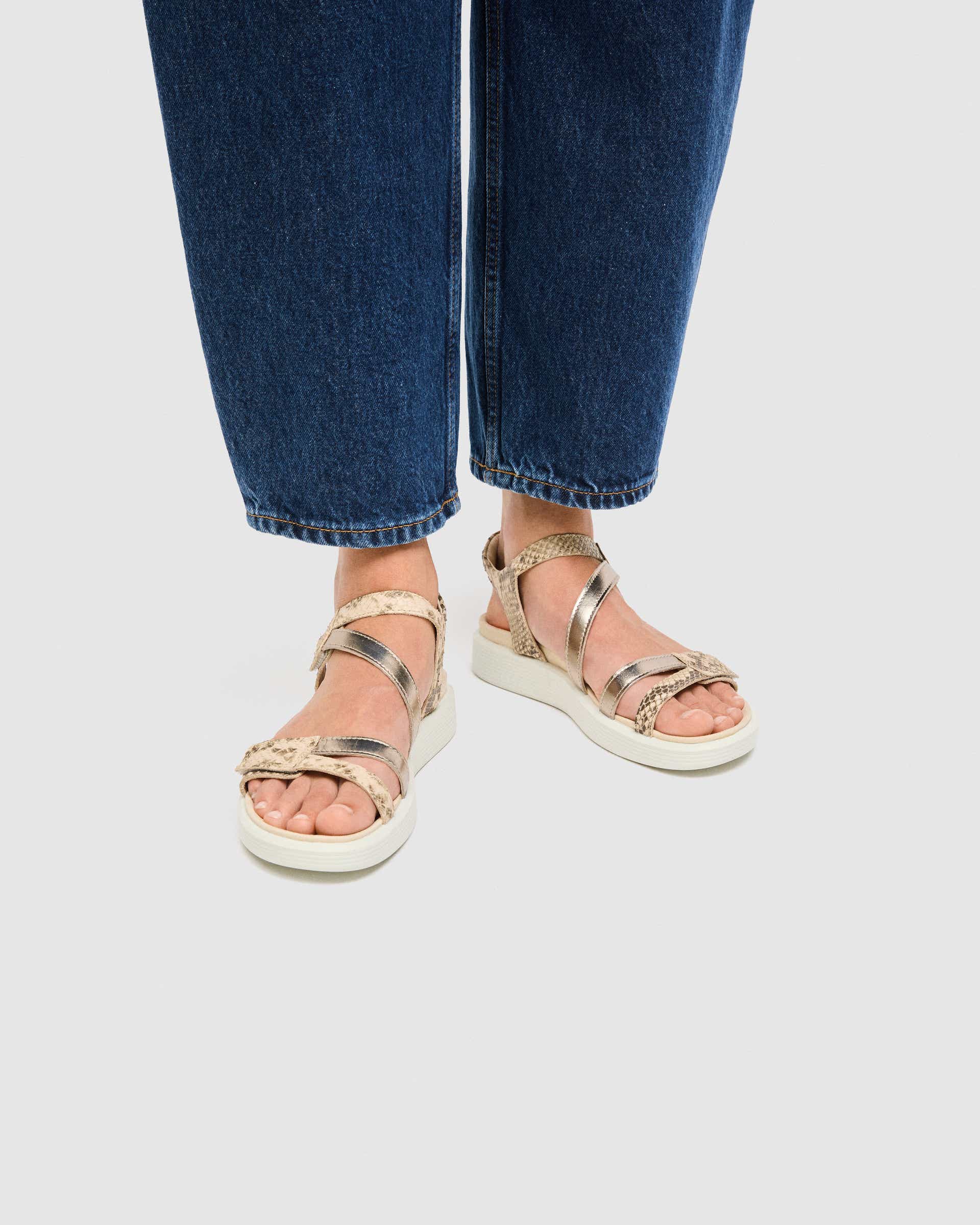 Women's ECCO® Soft Sandal Leather Two Strap Sandal - Gold - Lifestyle image-1