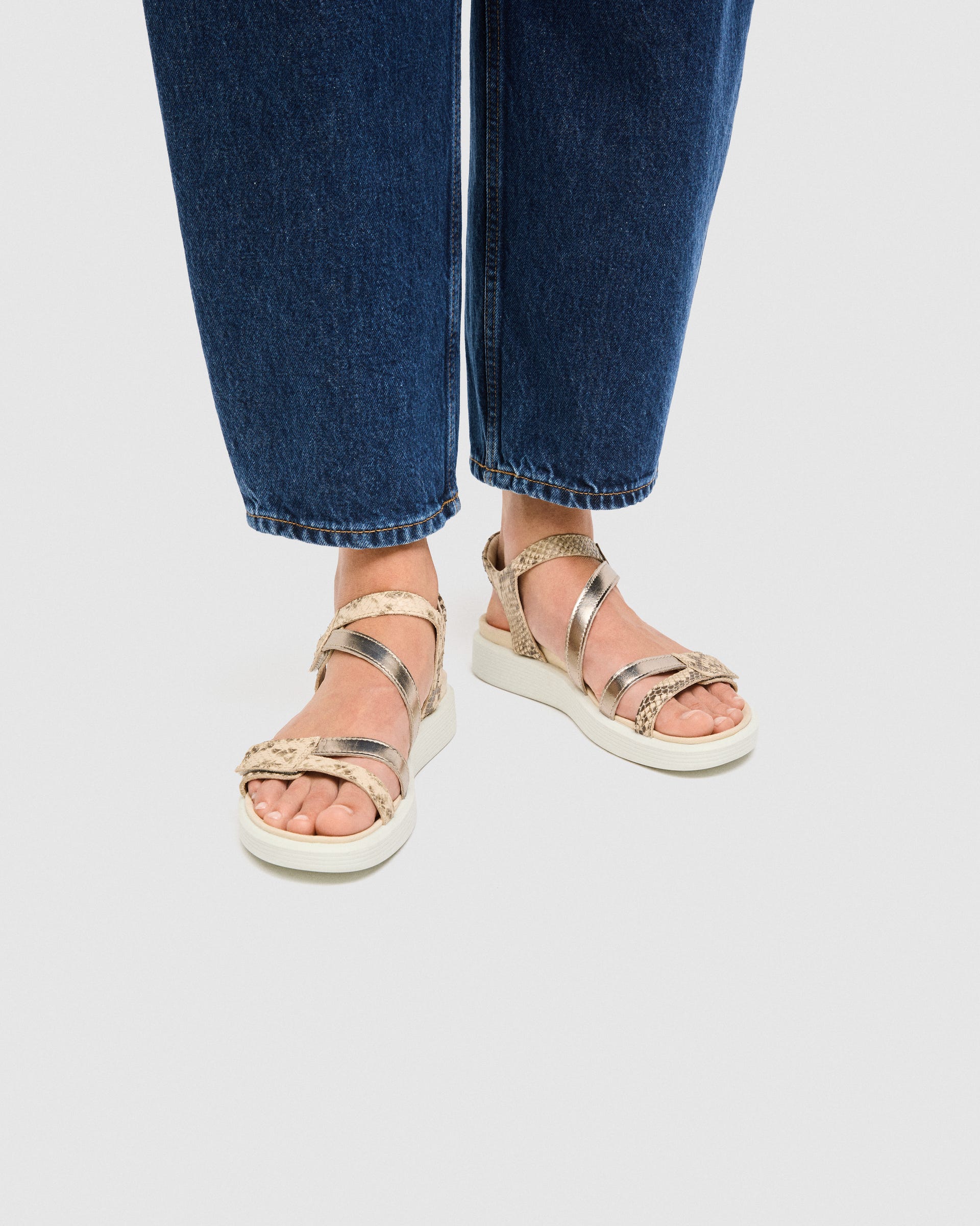 Women's ECCO® Soft Sandal Leather Two Strap Sandal - Gold - Lifestyle image-1